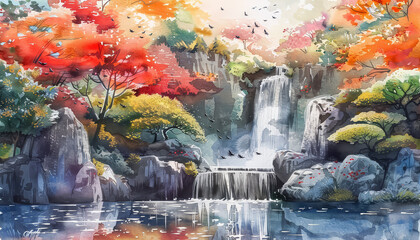 A beautiful autumn scene with a waterfall and a house in the background