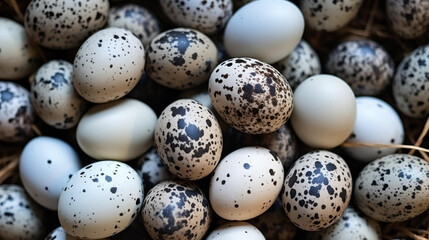 Obraz premium A closeup view of quail eggs in a nest, showcasing their delicate and dappled texture.