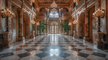 Obraz premium Opulent Grand Foyer with Marble Floors and Elegant Chandeliers
