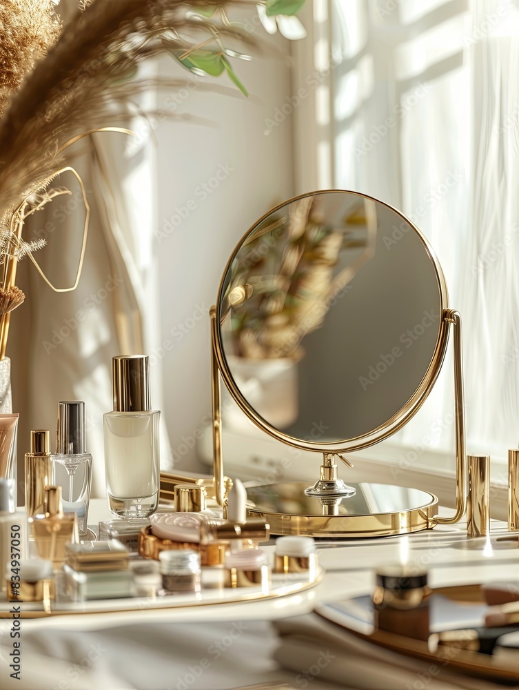 Poster A golden vanity mirror with a round reflective surface sits on a table surrounded by assorted cosmetic products. Generative AI