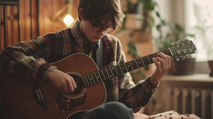 Young teenager playing his guitar