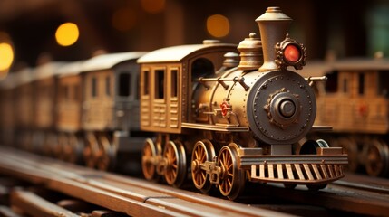 Explore the intricate texture of a wooden toy train, evoking nostalgia and timeless charm, perfect for a closeup background shot.