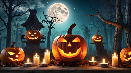Halloween pumpkin head jack lantern with burning candles, Spooky Forest with a full moon and wooden table, Pumpkins In Graveyard In The Spooky night