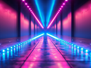 A long path of lights on a dark background, Glowing neon lights on a dark background. Suitable for nightlife, party, music