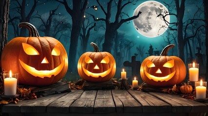 Halloween pumpkin head jack lantern with burning candles, Spooky Forest with a full moon and wooden table, Pumpkins In Graveyard In The Spooky night