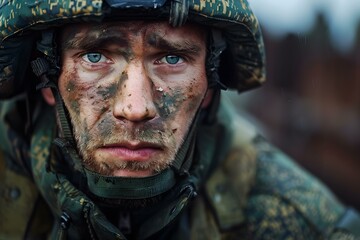 Obraz premium Portrait of a soldier with blue eyes and a camouflage helmet