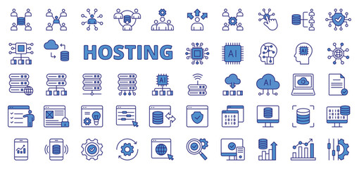 HostingHosting business, in line design, blue. Hosting, Business, Server, Cloud, Web, Internet, Data on white background vector. Hosting business editable stroke icons.