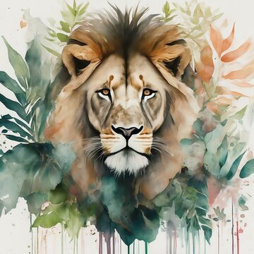 Le&atilde;o na selva estilo aguarela