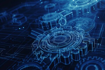 Fototapeta premium Precision and Progress: Blue Wireframe Gears in a Seamless Mechanical Array