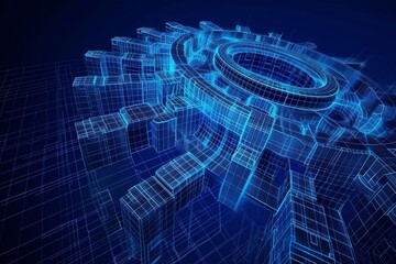 Obraz premium Precision and Progress: Blue Wireframe Gears in a Seamless Mechanical Array