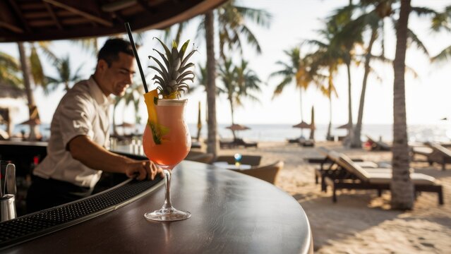 A bartender preparing a drink on the beach with palm trees in background, AI