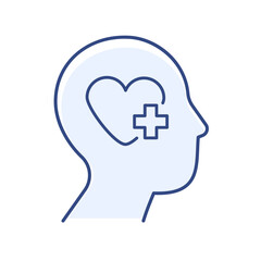 Mental health line icon. Human face icon with medical heart and medical cross isolated on white background. Vector illustration