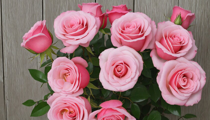 Romantic Red Roses Bouquet on Weathered Wooden Background