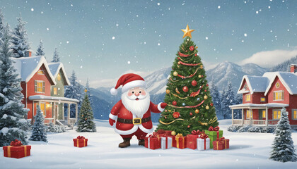 Obraz premium Winter Wonderland: Festive Greetings and Joyful Holiday Cheer with Santa, Christmas Trees, and Snowflakes