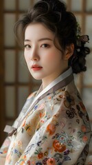 Fototapeta premium Portrait of a young woman in traditional Korean dress, or Hanbok