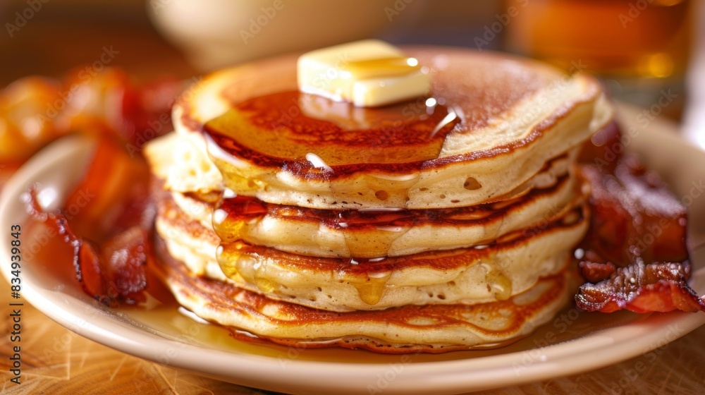 Poster Close-up of a stack of fluffy pancakes with maple syrup and a pat of melting butter, served on a white ceramic plate with a side of crispy bacon.