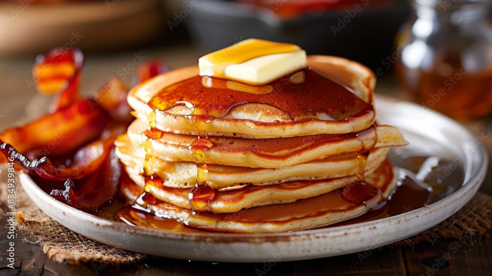 Poster close-up of a stack of fluffy pancakes with maple syrup and a pat of melting butter, served on a whi