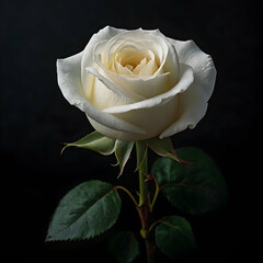 A lone white rose, bathed in the soft glow of a virtual spotlight, stands out against a stark black backdrop