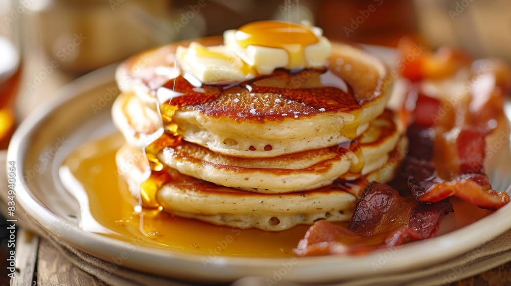 Poster Close-up of a stack of fluffy pancakes with maple syrup and a pat of melting butter, served on a white ceramic plate with a side of crispy bacon.