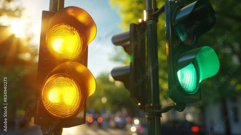 Poster close-up of a traffic light changing from green to yellow, signaling drivers to slow down and prepar