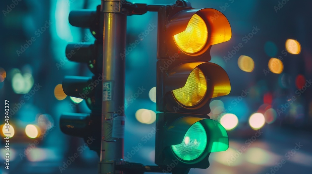 Poster close-up of a traffic light changing from green to yellow, signaling drivers to slow down and prepar
