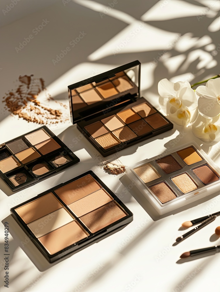 Poster a variety of contouring palettes and highlighters are arranged on a light background, showcasing the