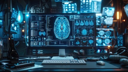 Computer in blue x-ray on dark background. 3D rendering