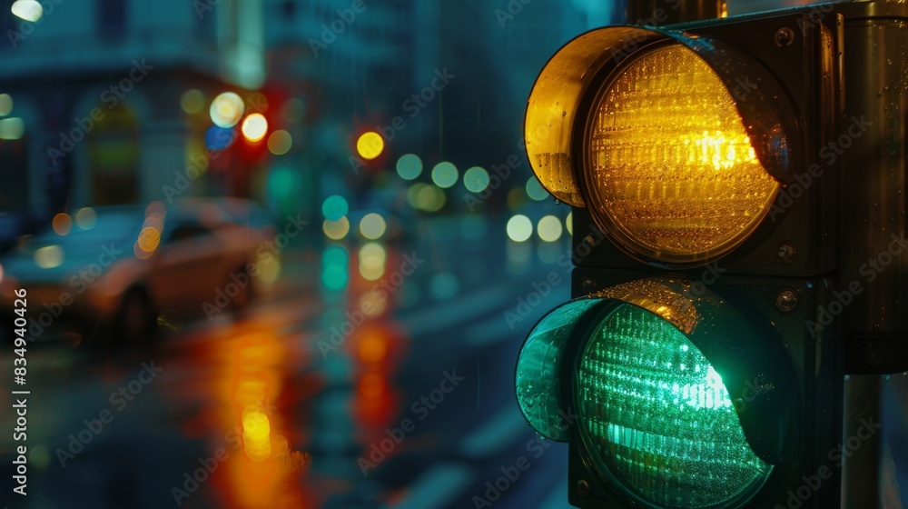 Poster close-up of a traffic light changing from green to yellow, signaling drivers to slow down and prepar