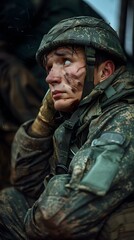 Fototapeta premium A soldier wearing a camouflage helmet and uniform looks off into the distance, lost in thought.
