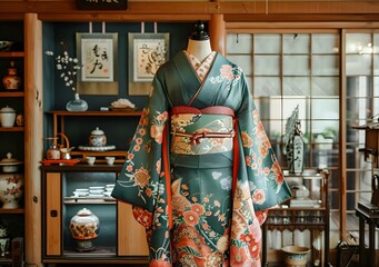 A kimono with a floral pattern displayed in a traditional Japanese room