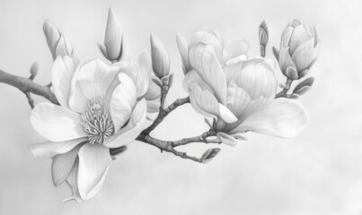 Black and white illustration of magnolia flowers