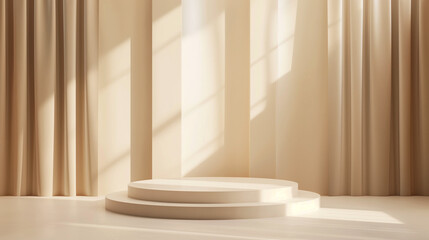 Elegant Beige Stage with Flowing Curtains. Copy space. Generative AI
