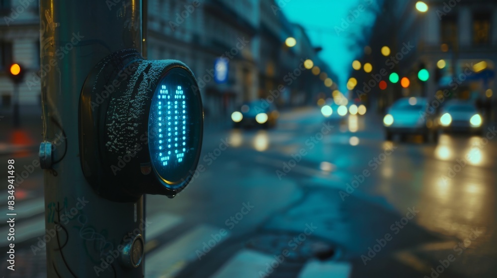 Poster Close-up of a traffic light with a countdown timer, indicating the seconds remaining until the light changes, helping pedestrians gauge when to cross the street.