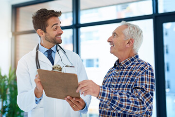 Clipboard, hospital or medical with doctor and old man in office for consulting appointment....