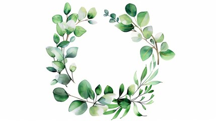 Watercolor baby blue eucalyptus wreath for wedding cards, silver dollar eucalyptus tree foliage in circle, herbs, leaves, branch, greenery frame. Decorative design elements in rustic elegant style