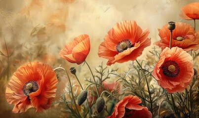 Poppies in realism style, intricate details, natural colors