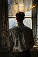 Naklejka premium Man looking out the window