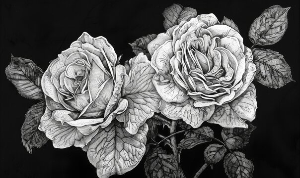 Two roses on black background monochrome image
