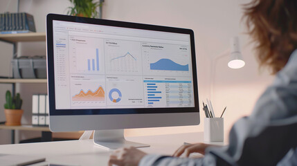 Analytics and graphs on computer screen. 