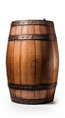 Obraz premium A classic wooden barrel with metal bands, photographed on a white background