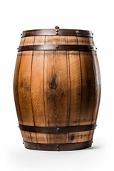 Obraz premium A brown wooden barrel with metal bands isolated on a white background