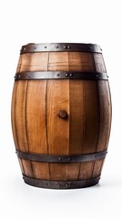 Fototapeta premium A wooden barrel with metal bands stands on a white background