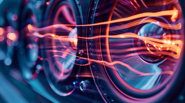 Close-up of high-quality car speakers installed in a vehicle's door panel, emitting vibrant sound waves with a dynamic range.