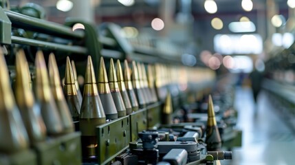Close-up of military ammunition in production line inside a factory