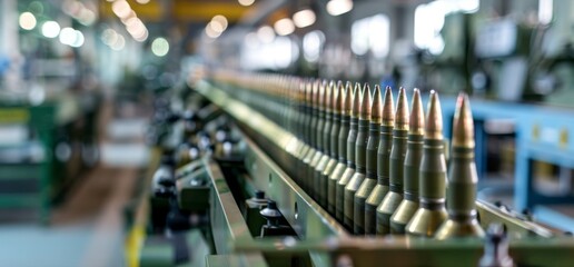 Close-up shot of ammunition rounds lined up on a production line in a factory