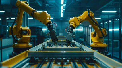 Two yellow industrial robots work in unison on an assembly line in a modern factory, their mechanical arms performing precise tasks