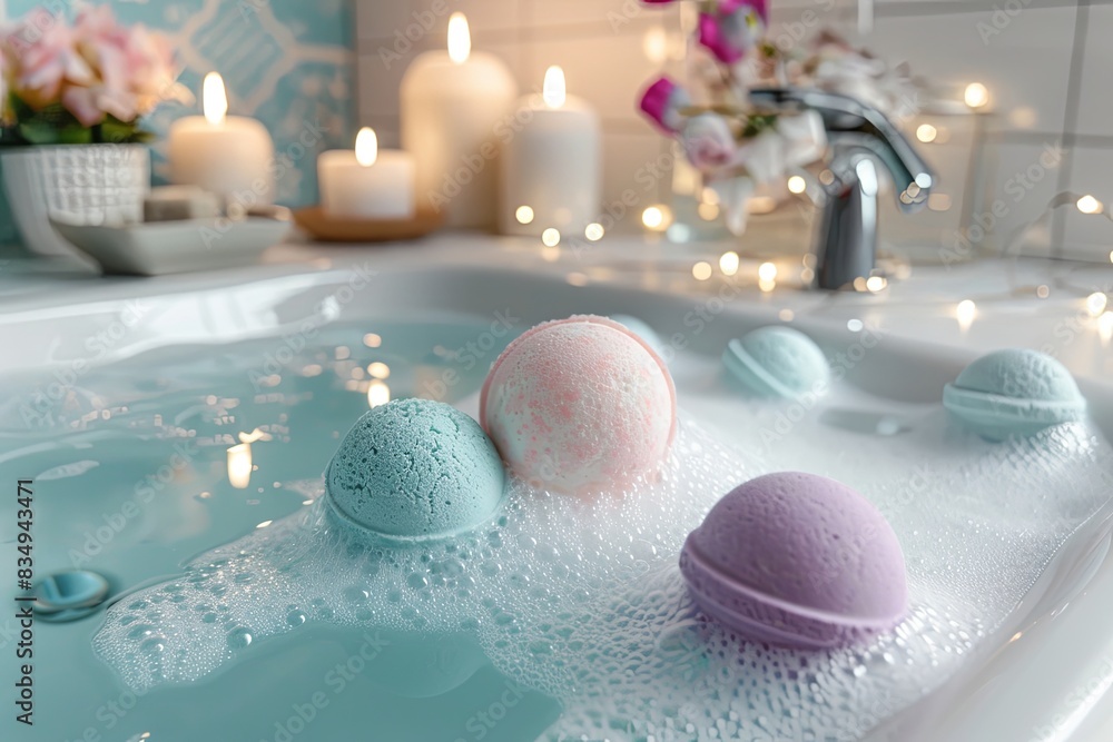Poster relaxing bath setting with colorful bath bombs dissolving in a bubbly bath. generative ai
