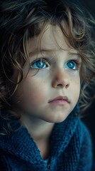 Naklejka premium Portrait of a young girl with curly hair and blue eyes