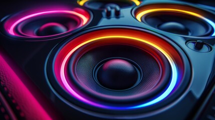 Vibrant car audio speakers illuminated with colorful LED lights, pulsating to the rhythm of the music for an immersive driving experience.