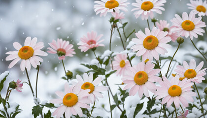 Obraz premium Pink Flowers Blooming in the Winter Snow